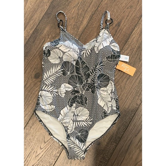 Kona Sol Ring Detail Medium Coverage One Piece Swimsuit Tropical Gray med 1020 - Picture 3 of 8